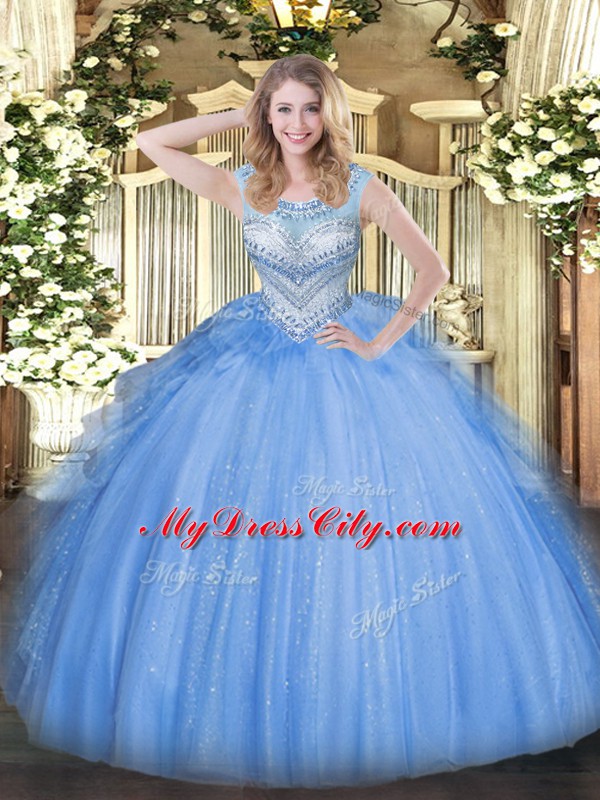 Scoop Sleeveless Quinceanera Dresses Floor Length Beading Blue Tulle