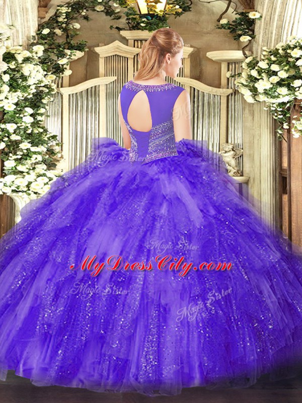 Scoop Sleeveless Quinceanera Dresses Floor Length Beading Blue Tulle