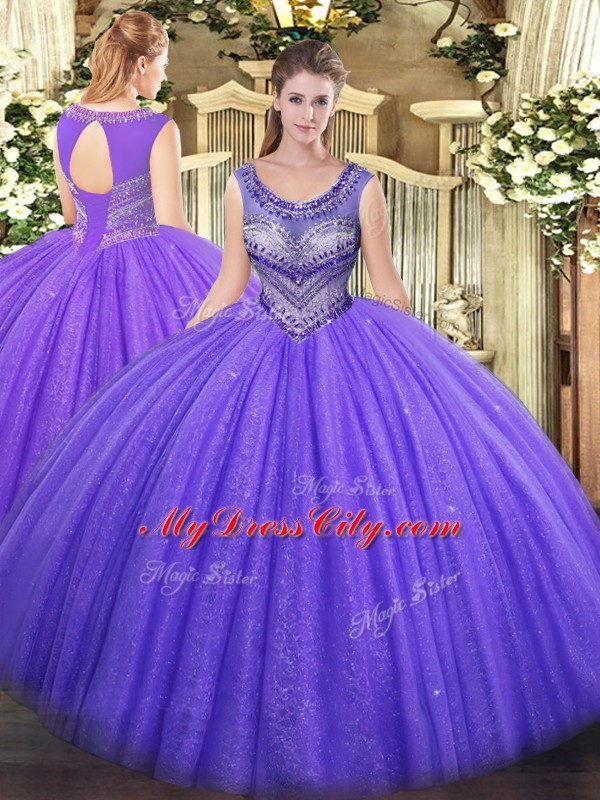 Discount Sleeveless Floor Length Beading Lace Up Quinceanera Dresses with Lavender