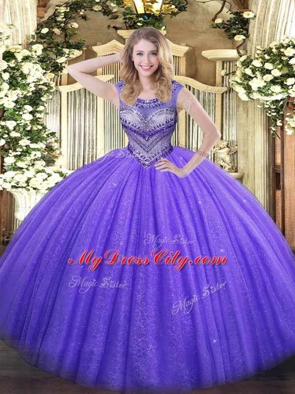 Discount Sleeveless Floor Length Beading Lace Up Quinceanera Dresses with Lavender