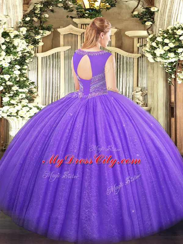 Discount Sleeveless Floor Length Beading Lace Up Quinceanera Dresses with Lavender