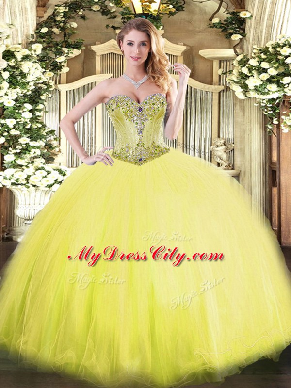 Free and Easy Yellow Sleeveless Tulle Lace Up Quince Ball Gowns for Sweet 16 and Quinceanera