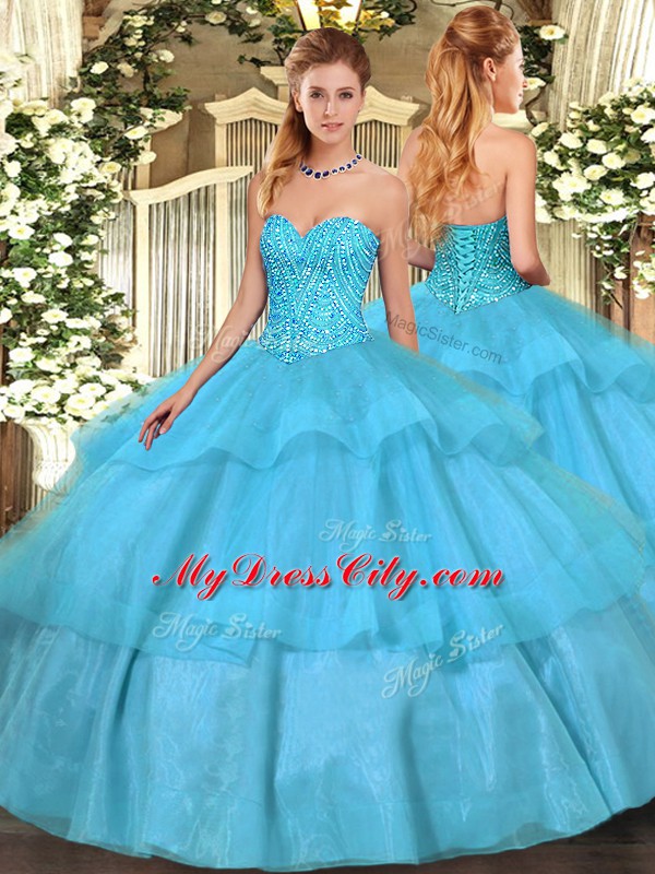 Deluxe Ball Gowns Sweet 16 Dresses Aqua Blue Sweetheart Tulle Sleeveless Floor Length Lace Up