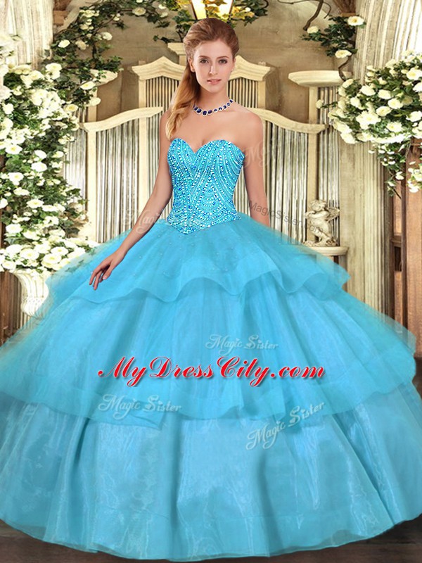 Deluxe Ball Gowns Sweet 16 Dresses Aqua Blue Sweetheart Tulle Sleeveless Floor Length Lace Up