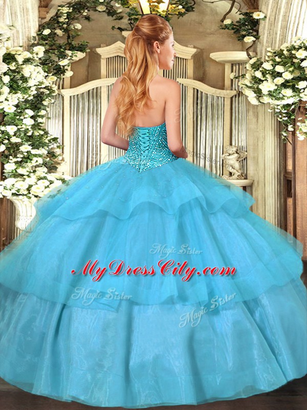 Deluxe Ball Gowns Sweet 16 Dresses Aqua Blue Sweetheart Tulle Sleeveless Floor Length Lace Up