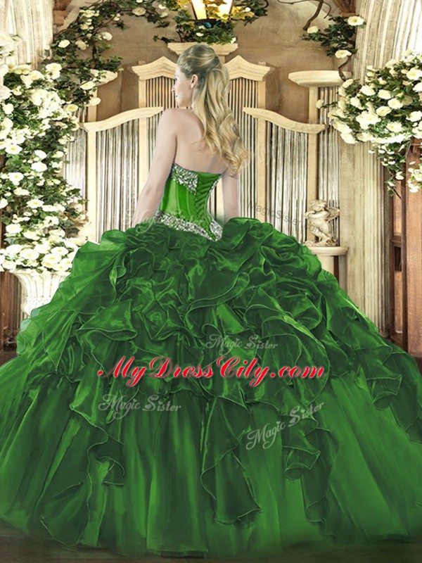 Modern Olive Green Organza Lace Up Sweetheart Sleeveless Floor Length 15 Quinceanera Dress Beading and Ruffles