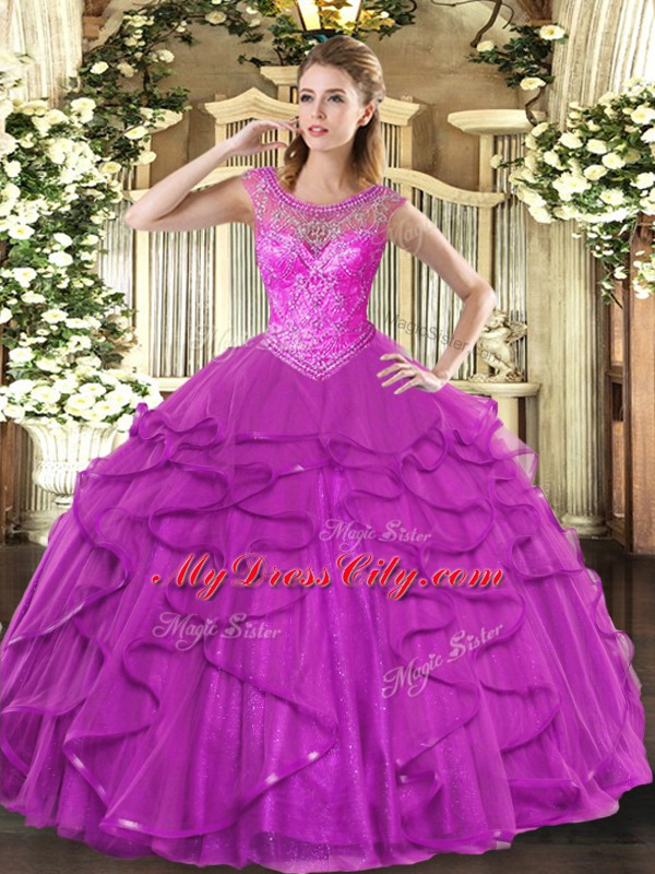 Low Price Fuchsia Ball Gowns Tulle Sweetheart Sleeveless Beading and Ruffles Floor Length Lace Up Quinceanera Gown