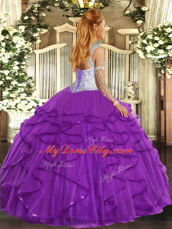 Low Price Fuchsia Ball Gowns Tulle Sweetheart Sleeveless Beading and Ruffles Floor Length Lace Up Quinceanera Gown