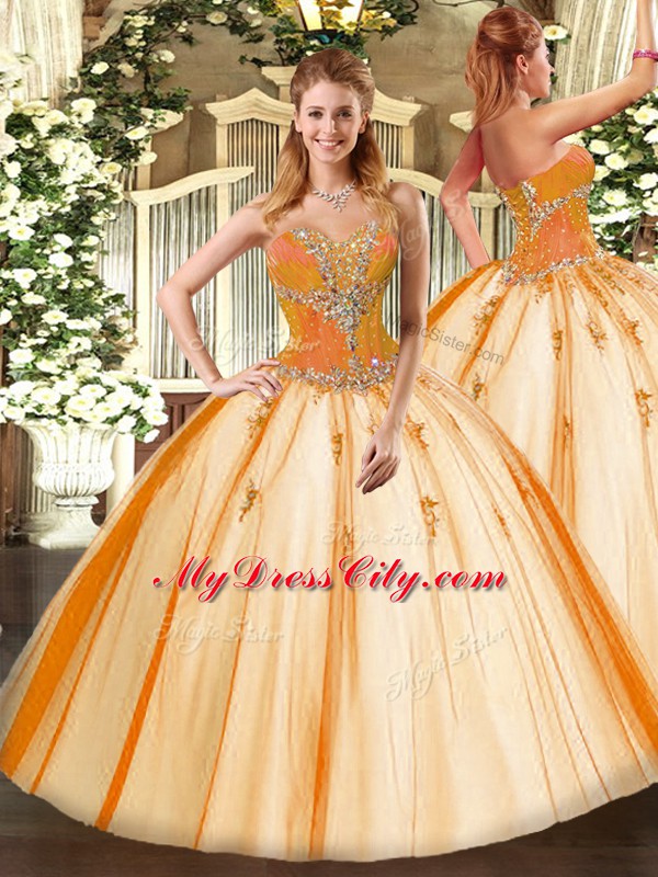 Inexpensive Gold Ball Gowns Beading Vestidos de Quinceanera Lace Up Tulle Sleeveless Floor Length