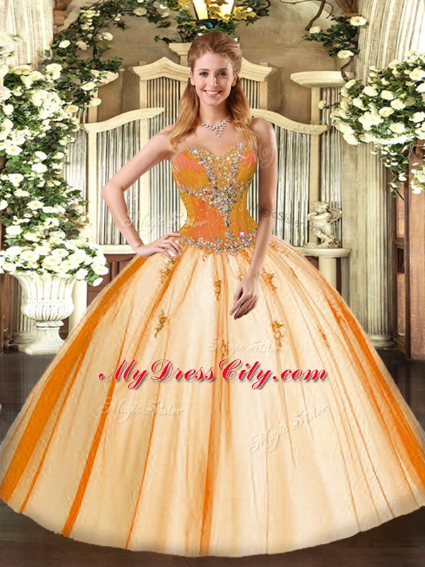 Inexpensive Gold Ball Gowns Beading Vestidos de Quinceanera Lace Up Tulle Sleeveless Floor Length