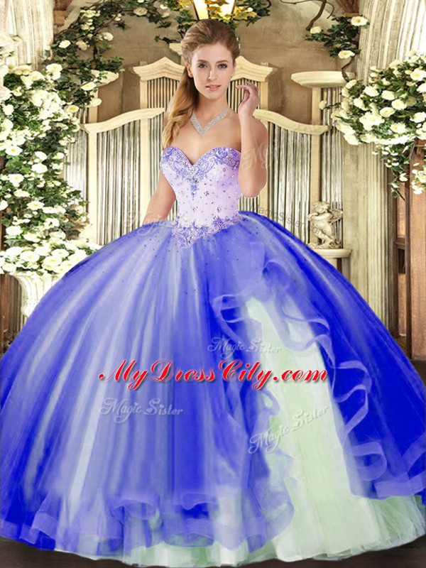 Custom Designed Blue Tulle Lace Up Sweetheart Sleeveless Floor Length Sweet 16 Quinceanera Dress Beading and Ruffles