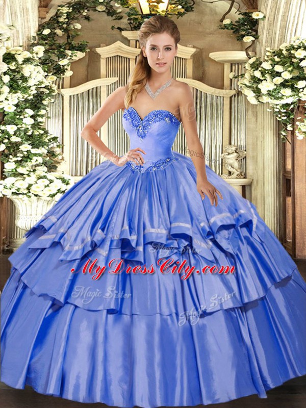 Glittering Blue Organza and Taffeta Lace Up Sweetheart Sleeveless Floor Length Quinceanera Gowns Beading and Ruffled Layers