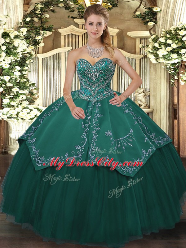 Teal Ball Gowns Sweetheart Sleeveless Taffeta and Tulle Floor Length Lace Up Beading Quinceanera Gown