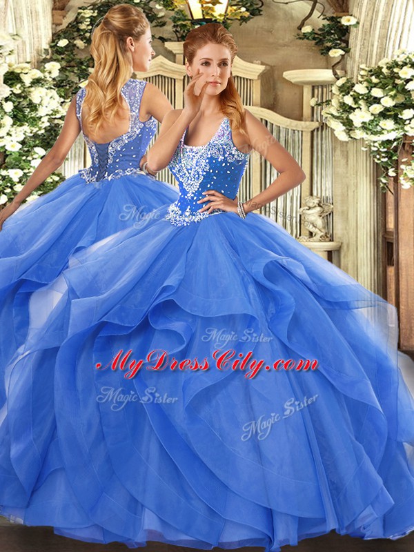 Super Blue Straps Lace Up Beading and Ruffles Sweet 16 Dresses Sleeveless