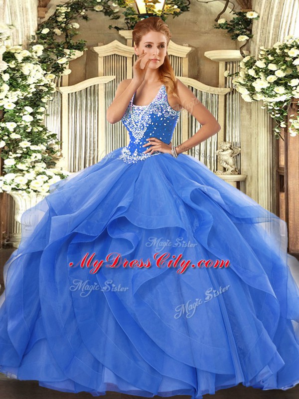 Super Blue Straps Lace Up Beading and Ruffles Sweet 16 Dresses Sleeveless