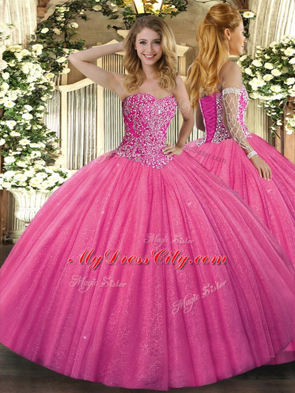 Hot Pink Lace Up Sweet 16 Dresses Beading Sleeveless Floor Length