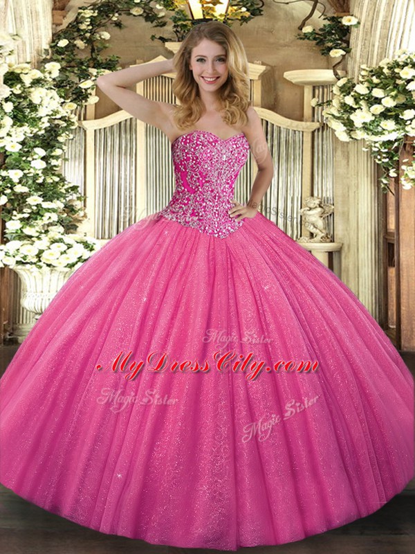 Hot Pink Lace Up Sweet 16 Dresses Beading Sleeveless Floor Length