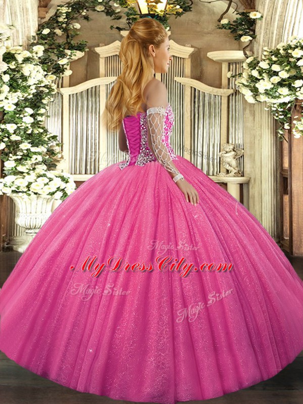 Hot Pink Lace Up Sweet 16 Dresses Beading Sleeveless Floor Length