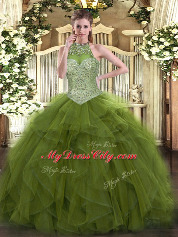 Attractive Olive Green Ball Gowns Tulle Halter Top Sleeveless Beading Floor Length Lace Up Ball Gown Prom Dress