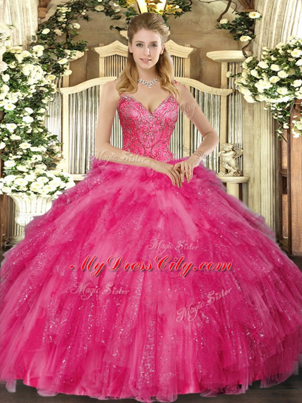 Vintage V-neck Sleeveless Lace Up Ball Gown Prom Dress Hot Pink Tulle