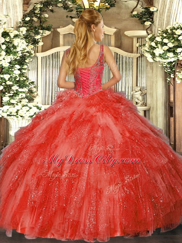 Vintage V-neck Sleeveless Lace Up Ball Gown Prom Dress Hot Pink Tulle