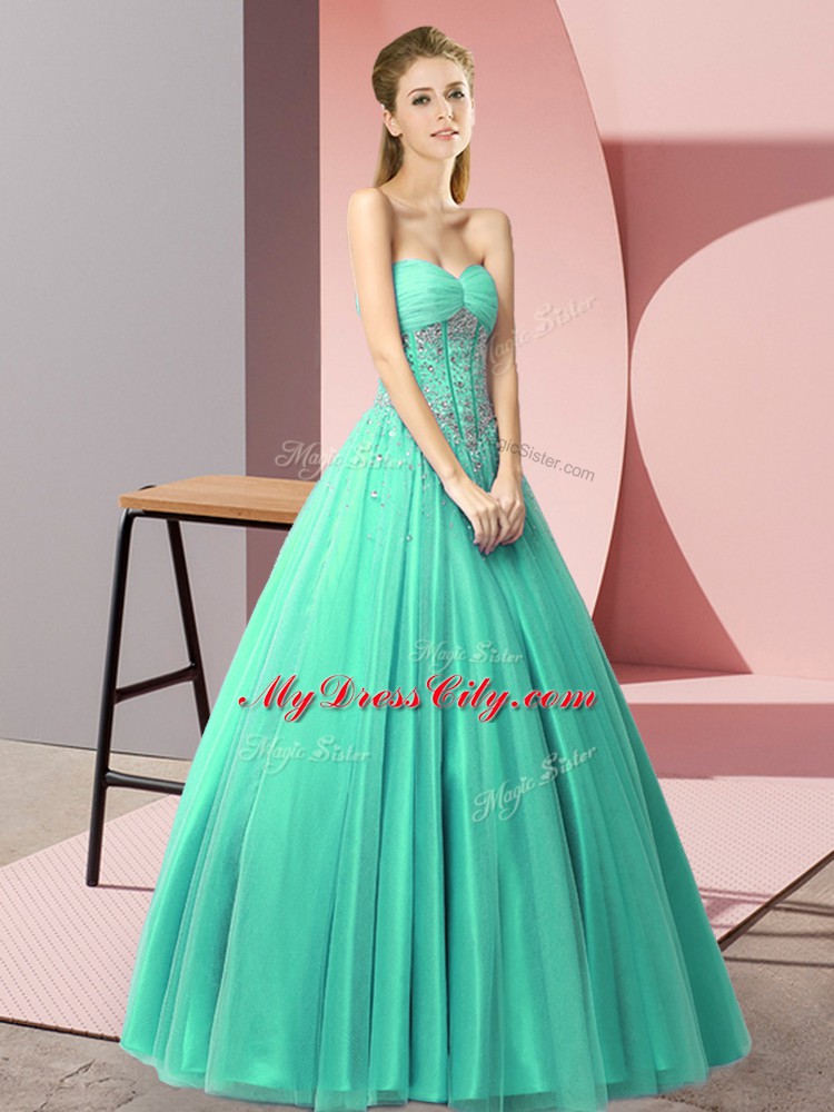 Inexpensive Sweetheart Sleeveless Dress for Prom Floor Length Beading Turquoise Tulle