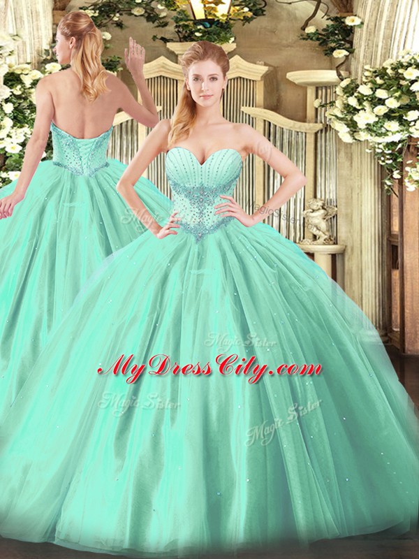 Amazing Turquoise Ball Gowns Sweetheart Sleeveless Tulle Floor Length Lace Up Beading 15th Birthday Dress