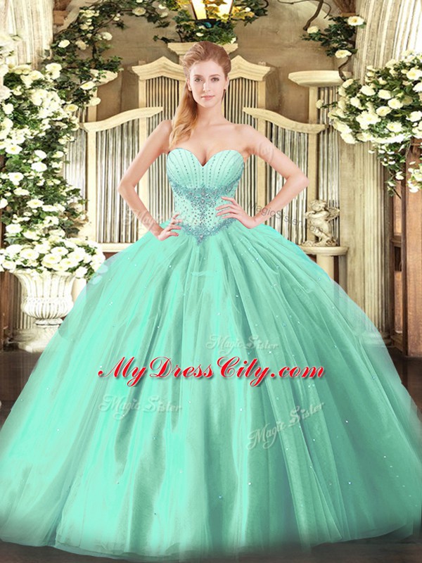 Amazing Turquoise Ball Gowns Sweetheart Sleeveless Tulle Floor Length Lace Up Beading 15th Birthday Dress