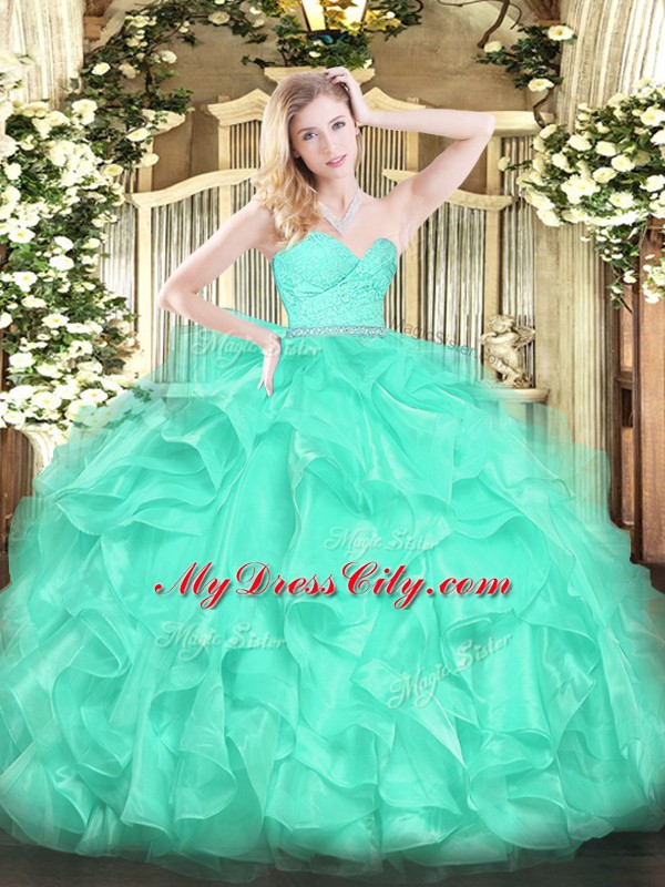 Glorious Turquoise Zipper Quinceanera Dress Beading and Lace and Ruffles Sleeveless Floor Length