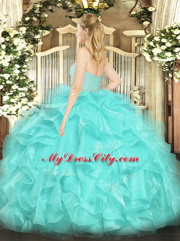 Glorious Turquoise Zipper Quinceanera Dress Beading and Lace and Ruffles Sleeveless Floor Length