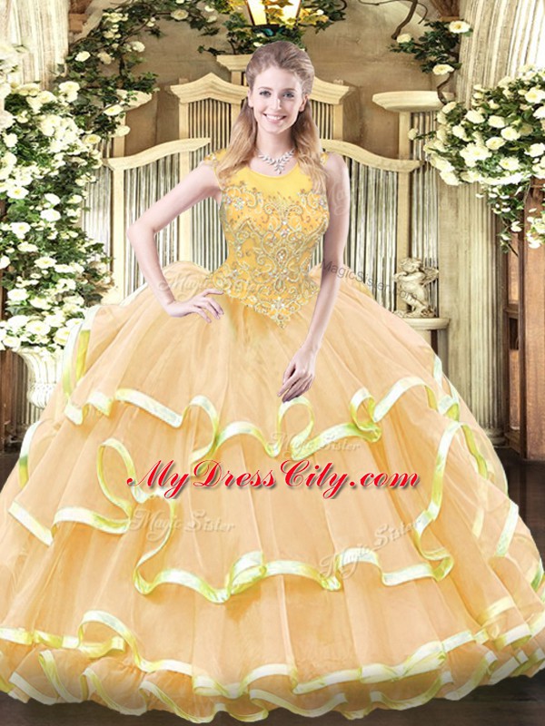 Beading and Ruffled Layers Ball Gown Prom Dress Gold Zipper Sleeveless Floor Length