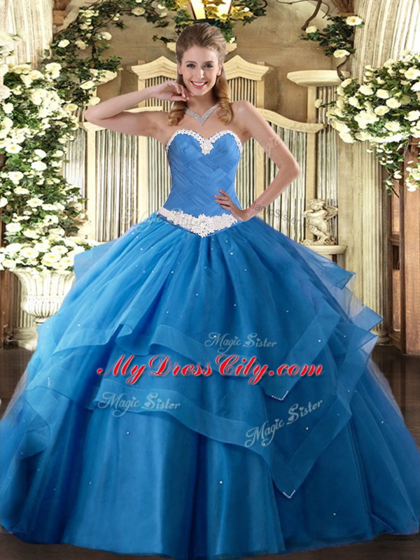 Baby Blue Ball Gowns Appliques and Ruffled Layers Sweet 16 Dresses Lace Up Tulle Sleeveless Floor Length