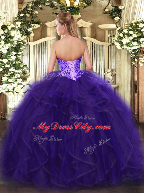 Sleeveless Lace Up Floor Length Appliques and Ruffles Quince Ball Gowns