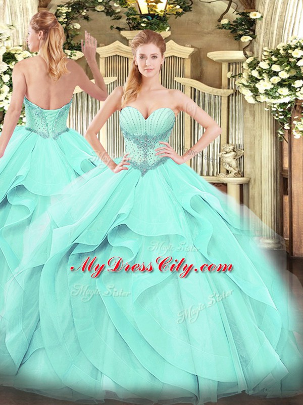 Excellent Sleeveless Tulle Floor Length Lace Up Quinceanera Gown in Aqua Blue with Beading and Ruffles