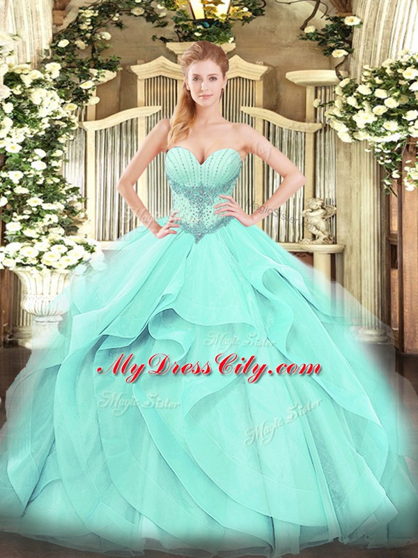 Excellent Sleeveless Tulle Floor Length Lace Up Quinceanera Gown in Aqua Blue with Beading and Ruffles