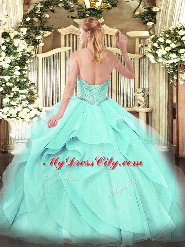 Excellent Sleeveless Tulle Floor Length Lace Up Quinceanera Gown in Aqua Blue with Beading and Ruffles