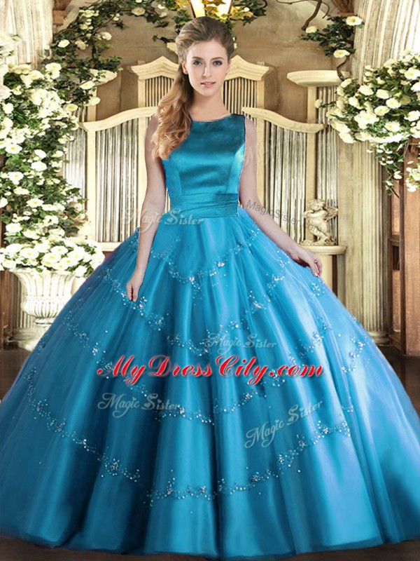 Gorgeous Tulle Scoop Sleeveless Lace Up Appliques Quinceanera Gowns in Aqua Blue