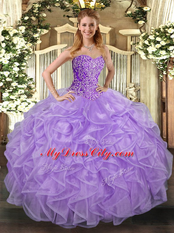 Beading and Ruffles Quince Ball Gowns Lavender Lace Up Sleeveless Asymmetrical