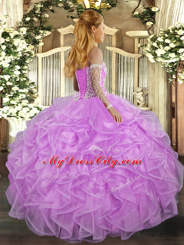 Beading and Ruffles Quince Ball Gowns Lavender Lace Up Sleeveless Asymmetrical