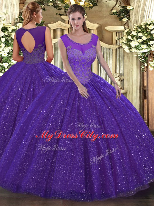 Comfortable Sleeveless Floor Length Beading Backless 15 Quinceanera Dress with Purple