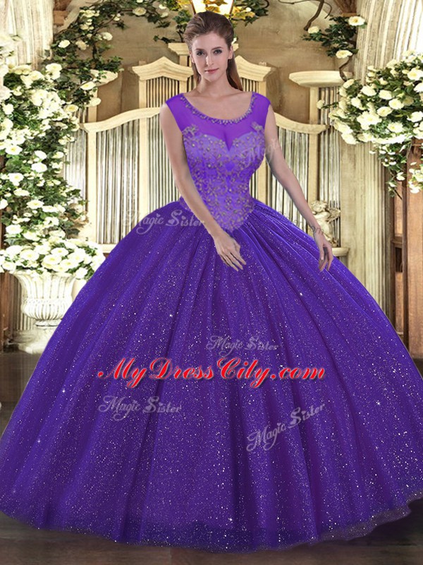 Comfortable Sleeveless Floor Length Beading Backless 15 Quinceanera Dress with Purple