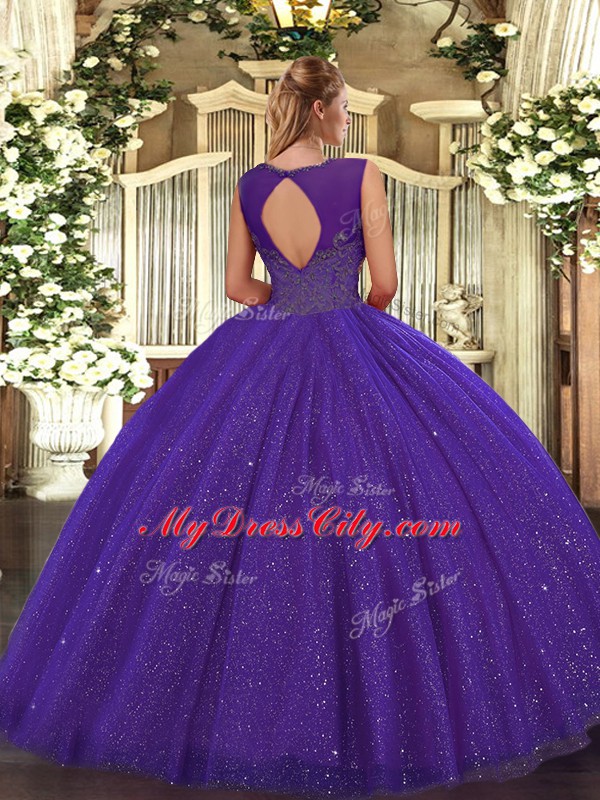 Comfortable Sleeveless Floor Length Beading Backless 15 Quinceanera Dress with Purple