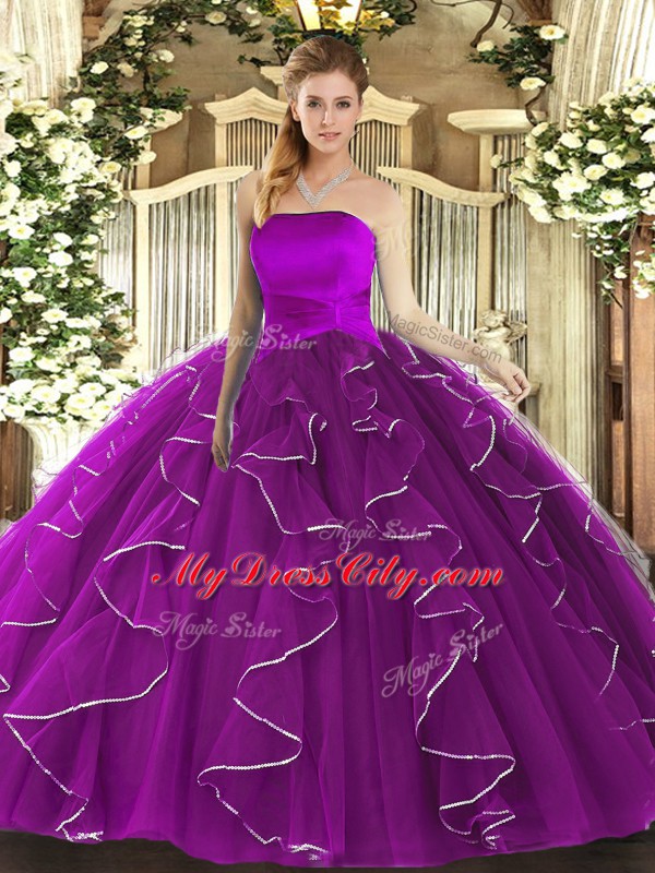 Gorgeous Floor Length Purple Quinceanera Dress Tulle Sleeveless Ruffles