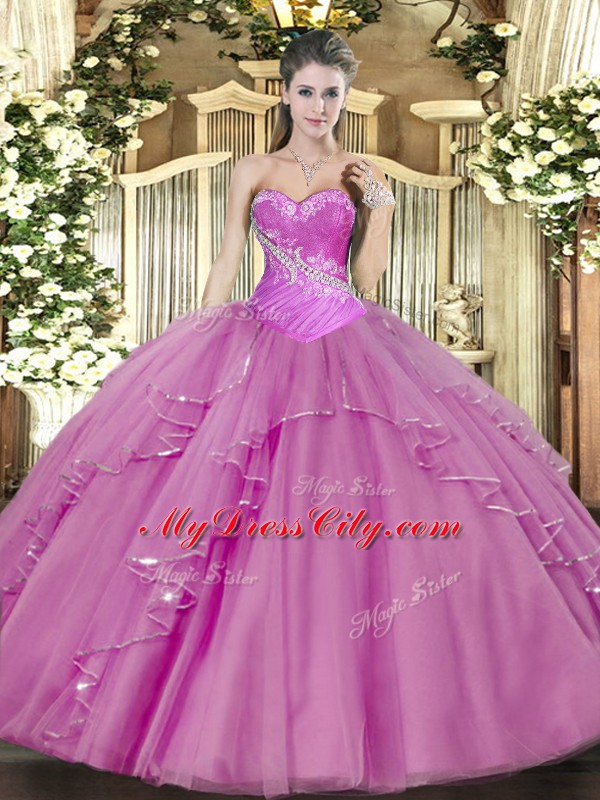 Vintage Tulle Sweetheart Sleeveless Lace Up Beading Quince Ball Gowns in Lilac