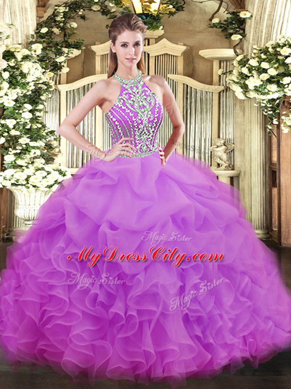 Latest Sleeveless Tulle Floor Length Lace Up Quince Ball Gowns in Lilac with Beading and Ruffles