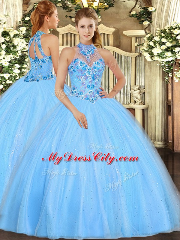 Clearance Ball Gowns Ball Gown Prom Dress Baby Blue Halter Top Tulle Sleeveless Floor Length Lace Up