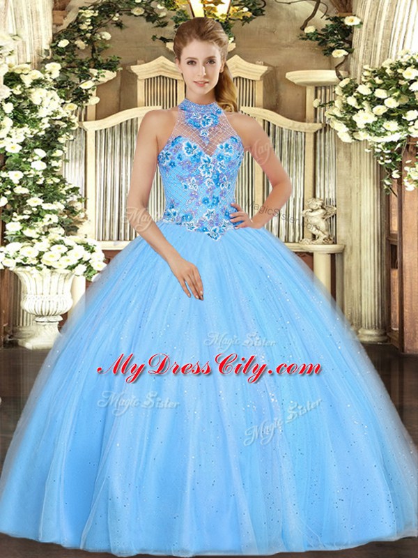 Clearance Ball Gowns Ball Gown Prom Dress Baby Blue Halter Top Tulle Sleeveless Floor Length Lace Up