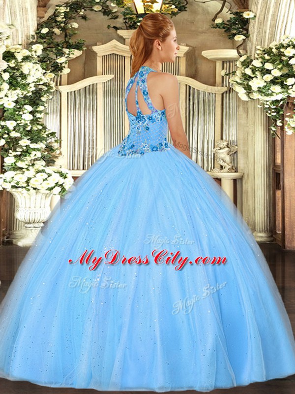 Clearance Ball Gowns Ball Gown Prom Dress Baby Blue Halter Top Tulle Sleeveless Floor Length Lace Up