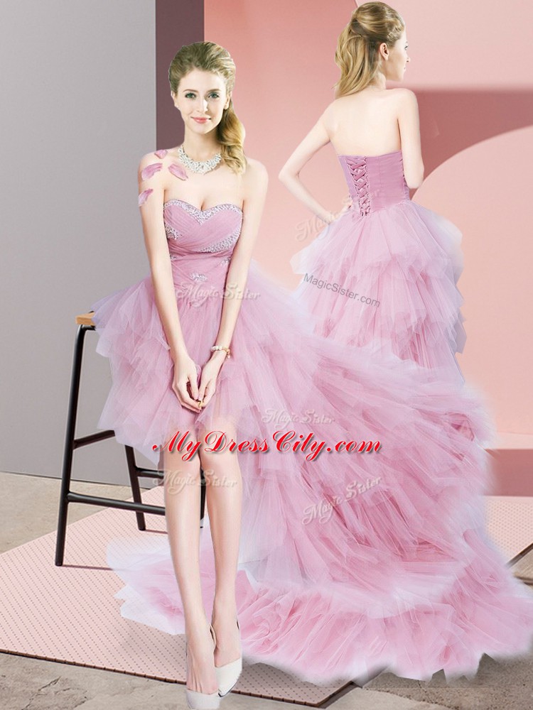 Classical Baby Pink A-line Sweetheart Sleeveless Tulle High Low Lace Up Beading