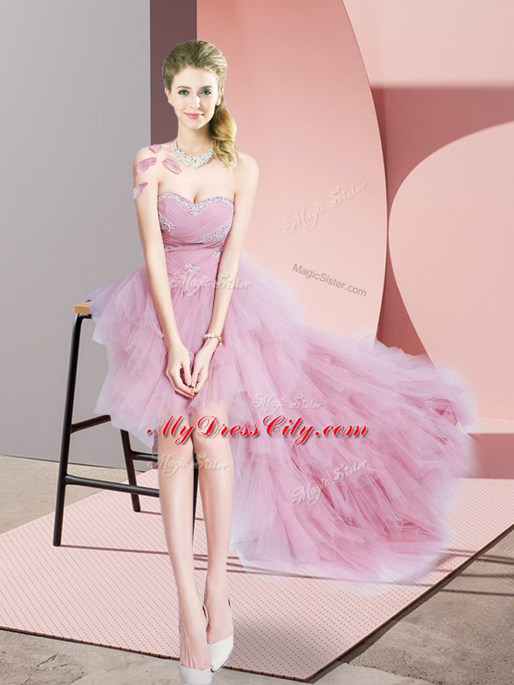 Classical Baby Pink A-line Sweetheart Sleeveless Tulle High Low Lace Up Beading